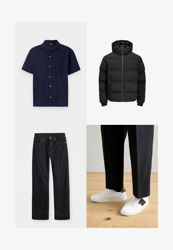 Veste noire rembourrée avec capuche, dotée d'une fermeture éclair sur le devant, de poignets à côtes et d'une texture lisse. Pas de logos ou de motifs visibles.; Chemise courte à manches en bleu marine avec des motifs floraux brodés, devant à boutons et col classique. Fabriquée en tissu léger.; Jean en denim noir pour hommes, coupe droite, avec cinq poches et surpiqûres orange, fermeture par bouton et zip à la taille avant.; Des sneakers blanches au texture lisse, avec des accents en cuir marron et des détails noirs, assorties à un pantalon noir ajusté. Fond en parquet.