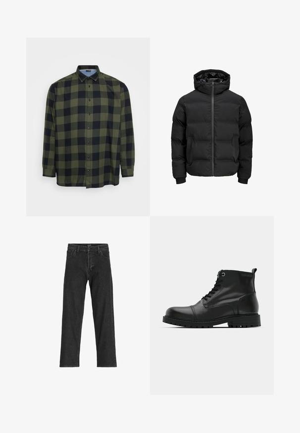 Giacca imbottita nera con cappuccio, dotata di chiusura frontale con zip, polsini a coste e una texture liscia. Senza loghi o fantasie visibili.; Camicia a quadri verde e nera con maniche lunghe, chiusura con bottoni e collo classico. Realizzata in tessuto leggero con una texture liscia.; Jeans in denim nero con un design a gamba dritta, dotati di zip, passanti per cintura e sei tasche, realizzati in un resistente tessuto misto cotone.; Stivali alla caviglia in pelle nera con punta rotonda, design con lacci, occhielli grigi a contrasto e suola in gomma robusta. Texture liscia con pochi accenti.