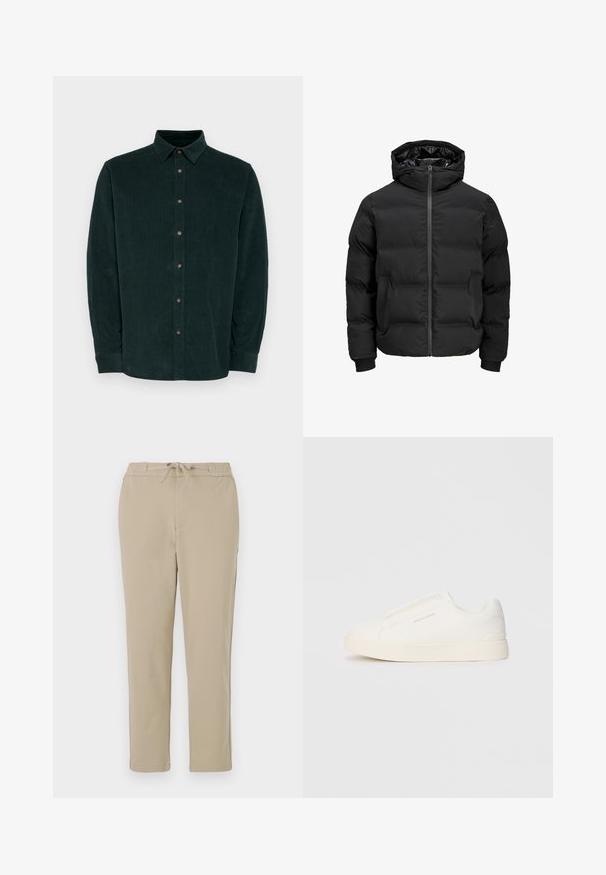 Juoda paminta striukė su gobtuvu, su priekiniais užtrauktukais, raštuotais rankogaliais ir lygia tekstūra. Nėra matomų logotipų ar raštų.; Selected Homme SLHREGOWEN SHIRT - Marškiniai - rain forest; Šviesiai rudos spalvos poilsio kelnės su elastinga juosmele ir raišteliu, turinčios tiesaus kirpimo dizainą ir švelnią, lygų tekstūrą.; Baltos slip-on sportbačiai su tekstūruota paviršiumi, storesniu padu ir minimalistišku dizainu. Šone matosi prekės ženklo logotipas.