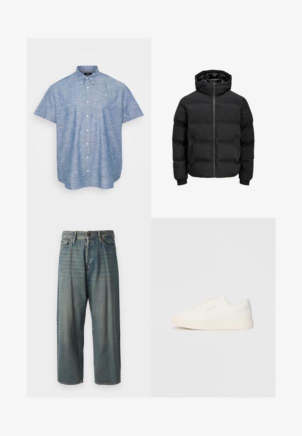 Čierna vypchatá bunda s kapucňou, s predným zipsom, patentnými manžetami a hladkým povrchom. Žiadne viditeľné logá ani vzory.; Košeľa s krátkym rukávom z svetlomodrej chambray tkaniny, s pevne šitým golierom, prednými gombíkmi a malým emblémom na hrudi.; Svetlomodré denimové nohavice so voľným strihom, stredne vysokým pásom a rovnými nohavicami. Obsahujú päť vreciek, pútka na opasok a zapínanie na gombík.; Biele slip-on tenisky s textúrovaným povrchom, hrubou podrážkou a minimalistickým dizajnom. Obsahuje logo značky na boku.