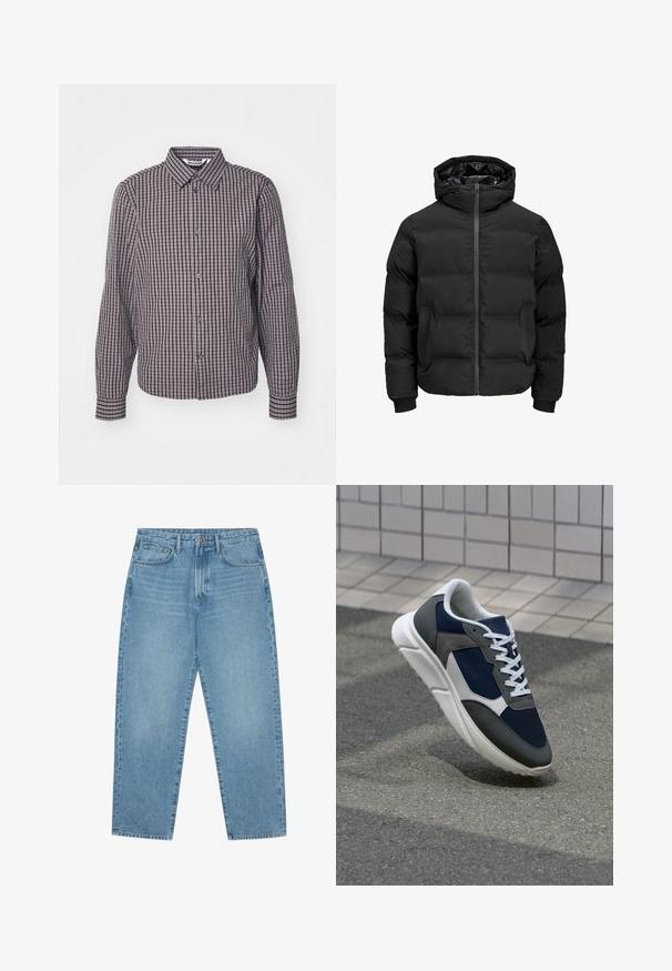 Black padded jacket with a hood, featuring a front zipper closure, ribbed cuffs, and a smooth texture. No visible logos or patterns.; Button-up shirt with long sleeves, vertical and horizontal navy and burgundy check pattern, collared neckline, and two front buttons.; Light blue denim wide-leg jeans with a high waist, featuring five pockets, belt loops, and a soft, slightly faded texture.; Sneaker featuring a navy blue mesh upper, gray suede accents, white rubber sole, and flat white laces, designed for comfort and breathability.