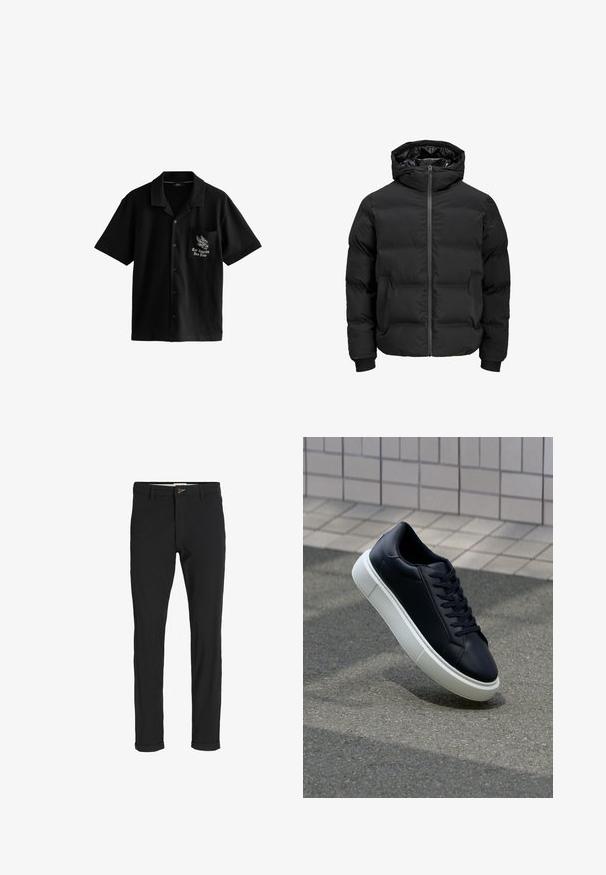 Sort polstret jakke med hætte, der har en frontlynlås, ribbede manchetter og en glat tekstur. Ingen synlige logoer eller mønstre.; Sort kortærmet skjorte lavet af blødt stof, med knaplukning fortil, spidse kraver og en venstre brystlomme med en ørn og tekstdesign.; Sorte bomuldsblandede bukser med slim fit, der har en knaplukning, lommer og opbrugte stumper for et afslappet udtryk.; Sort lædersneaker med rund tå og hvid gummisål. Har flade snørebånd og minimal syning på overdelen. Tekstureret sål for bedre greb.