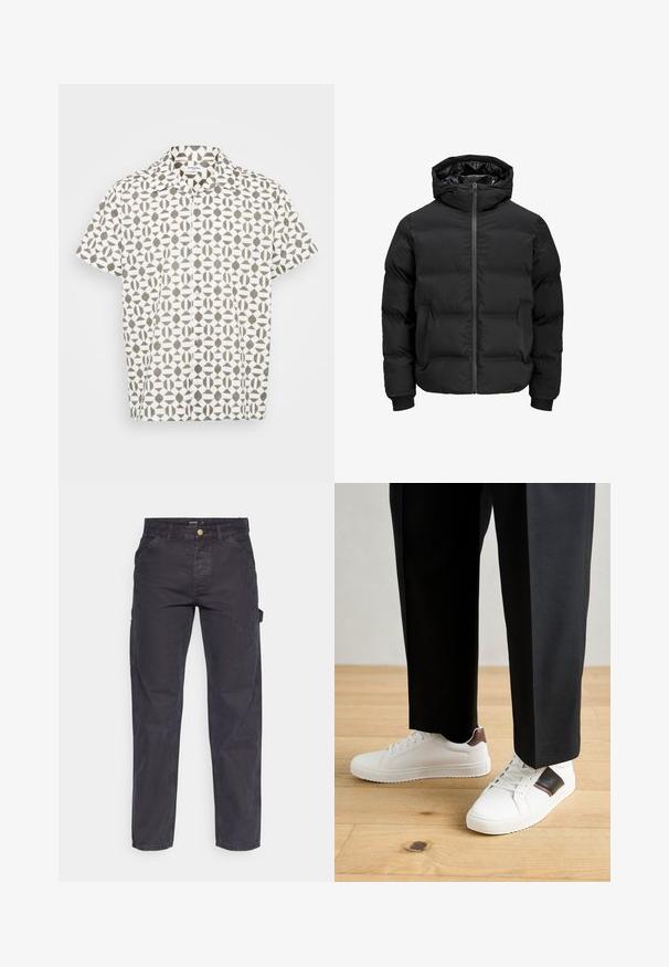 Musta polsterdatud jakk kapuutsiga, millel on ees lukk, soonikkoes varrukad ja sile tekstuur. Nähtavaid logosid või mustreid pole.; Lühikeste varrukatega valge nupuga särk geomeetrilise pruunikase mustriga. Omab klassikalist kraed ja peent tekstuuri.; Tumehallid cargo-püksid, mis on valmistatud vastupidavast kangast, sirge lõikega, viie tasku ja nupuga kinnitusega vööl.; Valged sneakersid siledat tekstuurist, millel on pruunad nahast detailid ja mustad aksessuaarid, millele on sobitatud mustad kohandatud püksid. Puitpõranda taust.