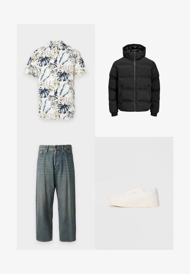 Musta polsterdatud jakk kapuutsiga, millel on ees lukk, soonikkoes varrukad ja sile tekstuur. Nähtavaid logosid või mustreid pole.; Lühikeste varrukatega särk, millel on valge alus ja troopiline mustriline kujundus, kus on sinised ja rohelised lehed, kollased lilled ning nööpidega eesmine osa.; Heledad sinine denim-stiilis teksad, volüümse lõike, keskmise kõrgusega talje ja sirgete säärega. Omab viit taskut, vöökumme ja nööpide sulgemist.; Valged libisemiskindlad tossud tekstuuriga pinnaga, paksu tallaga ja minimalistikus disainis. Küljel on brändi logo.