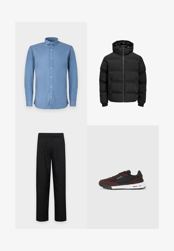 Crna podstava jakna s kapuljačom, koja ima prednje zatvaranje na patentni zatvarač, rebraste manžetne i glatku teksturu. Nema vidljivih logotipa ili uzoraka.; Svijetloplava košulja dugih rukava s ovratnikom na dugme, koja ima glatku teksturu i šest bijelih dugmadi duž prednje strane.; Crne hlače od glatkog materijala, s dizajnom ravnih nogavica, dva prednja nabora i standardnim pojasom s petljama za remen.; Tommy Hilfiger RETRO RUNNER MIX - Tenisice - black/cocoa