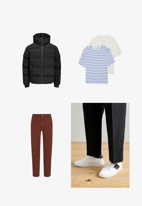 Black padded jacket with a hood, featuring a front zipper closure, ribbed cuffs, and a smooth texture. No visible logos or patterns.; Two short-sleeve t-shirts: one white with blue stripes and one solid light cream. Soft cotton material, crew neck design, relaxed fit.; Brown straight-leg trousers with front button, belt loops, and side pockets, displayed against a white background.; White sneakers with smooth texture, featuring brown leather accents and black detailing, paired with black tailored pants. Wooden floor background.