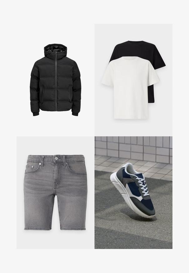 Svart vadderad jacka med huva, med dragkedja fram, ribbade muddar och en slät yta. Inga synliga logotyper eller mönster.; Set med bomullströjor som inkluderar en svart och en vit topp, båda med korta ärmar, rund halsringning och standard passform. Strukturerad tyg.; Grå denimshorts med femfickorsdesign, dragkedja, silverdetaljer och en lätt urblekt textur. Slitsen klippt ovanför knäet.; Sko med överdel i marinblå mesh, grå mockadetaljer, vit gummisula och platta vita snören, designad för komfort och andningsförmåga.