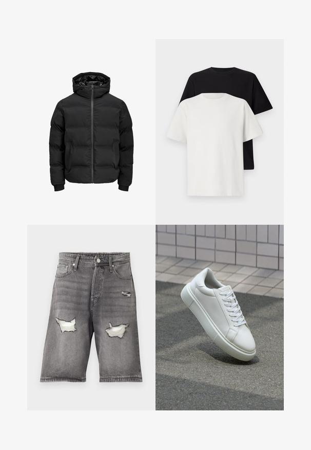 Schwarze gepolsterte Jacke mit Kapuze, ausgestattet mit einem Reißverschluss auf der Vorderseite, gerippten Ärmelbündchen und einer glatten Textur. Keine sichtbaren Logos oder Muster.; Baumwoll-T-Shirt-Set bestehend aus einem schwarzen Oberteil und einem weißen Oberteil, beide mit kurzen Ärmeln, Rundhalsausschnitt und normaler Passform. Texturiert.; Graue Jeansshorts mit einem verblassten Finish, ausgestattet mit zwei abgenutzten Patches und einem Fünf-Taschen-Design. Metallknopf und Reißverschluss.; Weiße Leder-Sneaker mit glatter Oberfläche, runder Zehenpartie und flachen weißen Schnürsenkeln. Verfügt über eine strukturierte Gummisohle und minimalistische Designelemente.