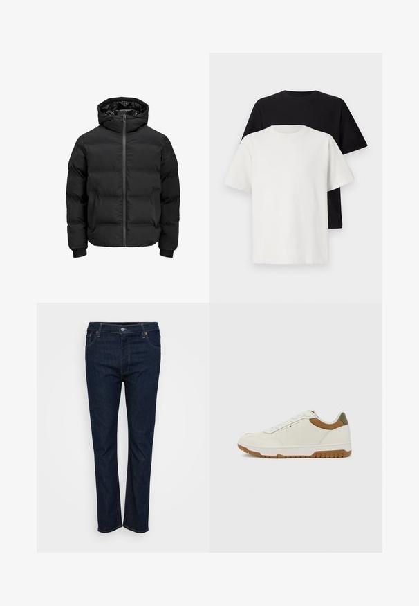Čierna vypchatá bunda s kapucňou, s predným zipsom, patentnými manžetami a hladkým povrchom. Žiadne viditeľné logá ani vzory.; Bavlnená súprava tričiek, ktorá obsahuje čierne tričko a biele tričko, obe s krátkymi rukávmi, okrúhlym výstrihom a štandardným strihom. Textúrovaná látka.; Tmavomodré džínsy s rovnými nohavicami, so zapínaním na prednom gombíku a zips, predné a zadné vrecká, vystavené na bielom pozadí.; Tommy Hilfiger BASKET CORE - Tenisky - ecru/army green