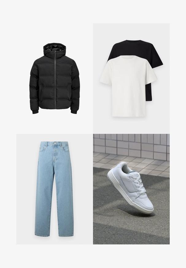 Čierna vypchatá bunda s kapucňou, s predným zipsom, patentnými manžetami a hladkým povrchom. Žiadne viditeľné logá ani vzory.; Bavlnená súprava tričiek, ktorá obsahuje čierne tričko a biele tričko, obe s krátkymi rukávmi, okrúhlym výstrihom a štandardným strihom. Textúrovaná látka.; Svetlomodré široké džínsy z denimu, s predným zapínaním na gombík, tradičným dizajnom s piatimi vreckami a voľným strihom.; Biele kožené tenisky s perforovanými stranami, textúrovanými akcentmi, plochými šnúrkami a kontrastnou sivou pätou. Majú mierne zvýšenú podrážku.