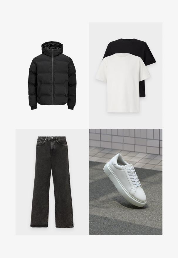 Juoda paminta striukė su gobtuvu, su priekiniais užtrauktukais, raštuotais rankogaliais ir lygia tekstūra. Nėra matomų logotipų ar raštų.; Medvilniniai marškiniai, kuriuos sudaro juodas ir baltas marškinėliai, abu su trumpomis rankovėmis, apvaliu iškirpimu ir standartiniu sijonu. Tekstūruota medžiaga.; Juodos džinsinės plačių kojų kelnės su nusidėvėjusiu tekstūru, penkiomis kišenėmis, priekiniais mygtukais ir sidabriniais akcentais.; Balti odiniai sportbačiai su lygiu paviršiumi, apvalia nosimi ir plokščiomis baltomis raištelėmis. Yra tekstūruotas gumos padas ir minimalizmas dizaino elementuose.