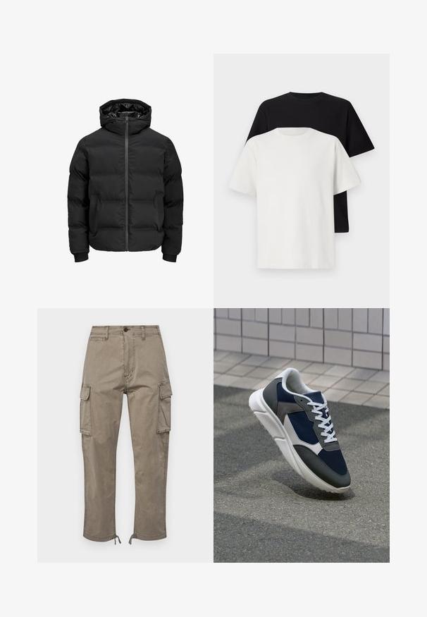Crna podstava jakna s kapuljačom, koja ima prednje zatvaranje na patentni zatvarač, rebraste manžetne i glatku teksturu. Nema vidljivih logotipa ili uzoraka.; Set pamučnih majica koji uključuje crnu i bijelu majicu, obje s kratkim rukavima, okruglim izrezom i klasičnim krojem. Tekstura tkanine.; Cargo hlače u prigušenoj taupe boji, izrađene od pamuka, imaju bočne džepove, ravni kroj i podesive rubove s ušicama.; Tenisice s gornjim dijelom od mrežastog materijala tamnoplave boje, siva antilopova naglašavanja, bijela gumena potplat i ravne bijele vezice, dizajnirane za udobnost i prozračnost.