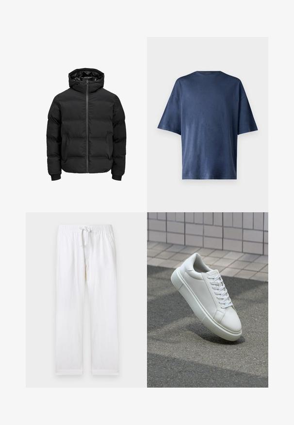 Black padded jacket with a hood, featuring a front zipper closure, ribbed cuffs, and a smooth texture. No visible logos or patterns.; Navy blue short-sleeve T-shirt, made of soft fabric, features a classic crew neck and relaxed fit, with no visible patterns or accents.; White relaxed-fit pants with an elastic waistband and adjustable drawstring. Features side pockets and a soft cotton texture.; White leather sneaker with a smooth surface, round toe, and flat white laces. Features a textured rubber sole and minimal design elements.