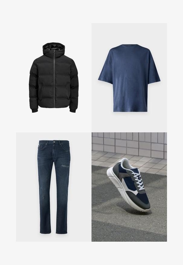 Geacă neagră căptușită cu glugă, având un fermoar frontal, manșete rib knit și o textură netedă. Fără logo-uri sau modele vizibile.; Tricou navy blue cu mânecă scurtă, realizat dintr-un material moale, prezintă un guler clasic și o croială lejeră, fără modele sau accente vizibile.; Blugi din denim bleu închis cu o croială dreaptă, având detalii distruse, estompare subtilă și un design clasic cu cinci buzunare.; Adidași cu un uppers din plasă albastră închisă, accente din suede gri, talpă din cauciuc alb și șireturi plate albe, concepuți pentru confort și respirabilitate.