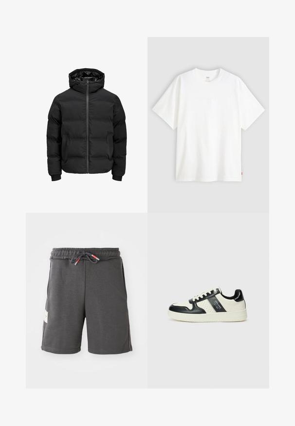 Black padded jacket with a hood, featuring a front zipper closure, ribbed cuffs, and a smooth texture. No visible logos or patterns.; White short-sleeve t-shirt made of cotton with a crew neck. Features subtle embossed logo detail on the front and a red label at the hem.; Gray athletic shorts with an elastic waistband and drawstring. Features side pockets and a fabric tag on the left side. Lightweight material.; Leather sneakers with a black and cream color scheme, featuring perforated accents, a padded collar, and a textured outsole.