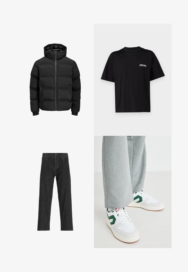 Schwarze gepolsterte Jacke mit Kapuze, ausgestattet mit einem Reißverschluss auf der Vorderseite, gerippten Ärmelbündchen und einer glatten Textur. Keine sichtbaren Logos oder Muster.; Schwarzes Baumwoll-T-Shirt mit kurzen Ärmeln, Rundhalsausschnitt und Druck auf der linken Brustseite in weißem und goldenem Text, mit einem entspannten Schnitt.; Schwarze Jeans aus Denim mit geradem Bein, ausgestattet mit einem Reißverschluss, Gürtelschlaufen und sechs Taschen, gefertigt aus einem robusten Baumwollmischgewebe.; Weiße und grüne Sneakers aus glattem Leder und Wildleder, mit einem auffälligen grünen Logo-Akzent und weißen Schnürsenkeln. Graue Hosen sind teilweise sichtbar.