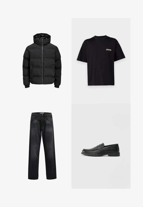 Melna siltināta jaka ar kapuci, ar priekšējo rāvējslēdzēju, ribotu aproču un gludu tekstūru. Nav redzamu logo vai rakstu.; Melna kokvilnas T-kreklu ar īsām piedurknēm, apaļu kakla izgriezumu un baltu un zeltītu tekstu drukāšanu kreisajā krūtīs, ar brīvu piegriezumu.; Melni taisni kājas džinsi, izgatavoti no denima, ar priekšējiem kabatām, ar rāvējslēdzēju un maigu izbalēšanu uz auduma. Nav redzamu logo vai rotājumu.; Melnas ādas loafers ar gludu apdari, mokasīnu stila augšdaļu, šūtu detalizāciju un gumijas zoli. Klasisks dizains ar zemu papēdi.