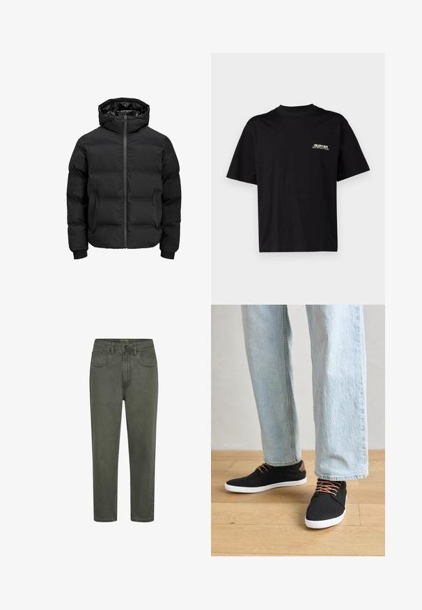 Svart vadderad jacka med huva, med dragkedja fram, ribbade muddar och en slät yta. Inga synliga logotyper eller mönster.; Svart bomullströja med korta ärmar, rund hals och tryck på vänster bröst i vitt och guldtext, med en avslappnad passform.; Gröna bomullschinos med rak silhuett, som har bälteshällor, framfickor och knäppning. Slät textur med minimal sömnad.; Svarta kanvas sneakers med bruna detaljer, vita gummisulor och bruna snören, i kombination med ljusblå raka jeans. Bakgrund av trägolv.