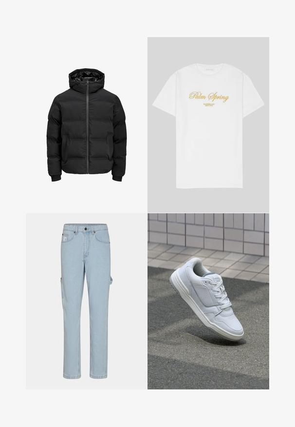 Musta polsterdatud jakk kapuutsiga, millel on ees lukk, soonikkoes varrukad ja sile tekstuur. Nähtavaid logosid või mustreid pole.; Valge puuvillane T-särk, millel on kuldne tekst, mis ütleb "Palm Spring" ja allpool "California Love Eighty Five", mugav ja lõdva lõikega, ümmarguse kaelusega disain.; Heledad hall sinine teksapüksid, sirge jala disainiga, küljetaskud ja klassikaline nööbila ja tõmbluku sulgus.; Valge nahkne toss, millel on perforeeritud külgedega, tekstuuriga aktsendid, lame pael ja kontrastne hall konts. Omab veidi tõstetud tallat.