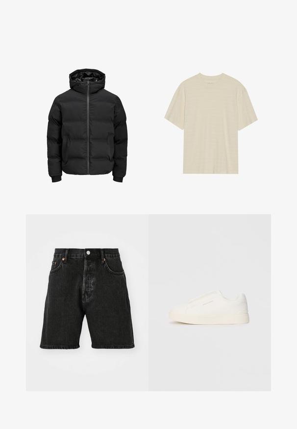 Veste noire rembourrée avec capuche, dotée d'une fermeture éclair sur le devant, de poignets à côtes et d'une texture lisse. Pas de logos ou de motifs visibles.; T-shirt crème à manches courtes avec une texture rayée subtile et un col rond, fabriqué en tissu léger.; Shorts en denim noir avec une taille haute, un design à cinq poches, des boutons en cuivre et un ourlet brut. Le tissu a une légère texture avec un effet dégradé.; Baskets blanches sans lacets avec une surface texturée, une semelle épaisse et un design minimaliste. Présente le logo de la marque sur le côté.