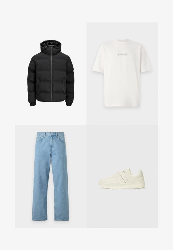 Chaqueta acolchada negra con capucha, que cuenta con un cierre delantero de cremallera, puños acanalados y una textura suave. Sin logotipos ni patrones visibles.; Camiseta de algodón blanca con cuello redondo y mangas cortas, que presenta un pequeño logo gris "HOLLISTER" centrado en el pecho.; Jeans de mezclilla azul claro con un diseño de pierna recta, cinco bolsillos, cierre de botón y cremallera, y un acabado ligeramente desgastado.; Zapatilla color crema con detalles perforados, cordones y logotipo en el lateral, exhibida sobre un fondo blanco liso.
