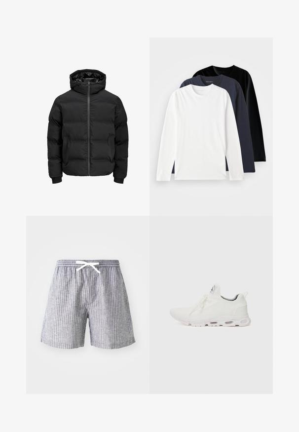 Veste noire rembourrée avec capuche, dotée d'une fermeture éclair sur le devant, de poignets à côtes et d'une texture lisse. Pas de logos ou de motifs visibles.; Trois t-shirts à manches longues empilés : un blanc, un bleu marine foncé et un noir. Fabriqués en coton lisse, présentant des encolures rondes et des fentes sur les côtés.; Shorts gris rayés avec cordon de serrage à la taille, fabriqués en tissu léger. Présente des rayures blanches verticales et une coupe ample et confortable.; Baskets blanches de sport avec un dessus en maille texturée, des lacets plats et une semelle rembourrée avec des chambres à air visibles pour un soutien supplémentaire.