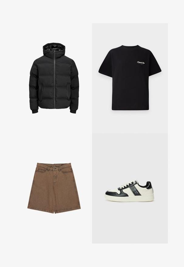 Chaqueta acolchada negra con capucha, que cuenta con un cierre delantero de cremallera, puños acanalados y una textura suave. Sin logotipos ni patrones visibles.; Camiseta de algodón negra con cuello redondo, mangas cortas y pequeño texto en blanco del logo en el lado izquierdo del pecho. Diseño simple, corte clásico.; Shorts de mezclilla marrones con un corte recto, grandes bolsillos laterales, detalle del logo en la cinturilla y costuras en contraste a lo largo de las costuras.; Zapatillas de cuero con un esquema de colores negro y crema, que cuentan con acentos perforados, un collar acolchado y una suela texturizada.