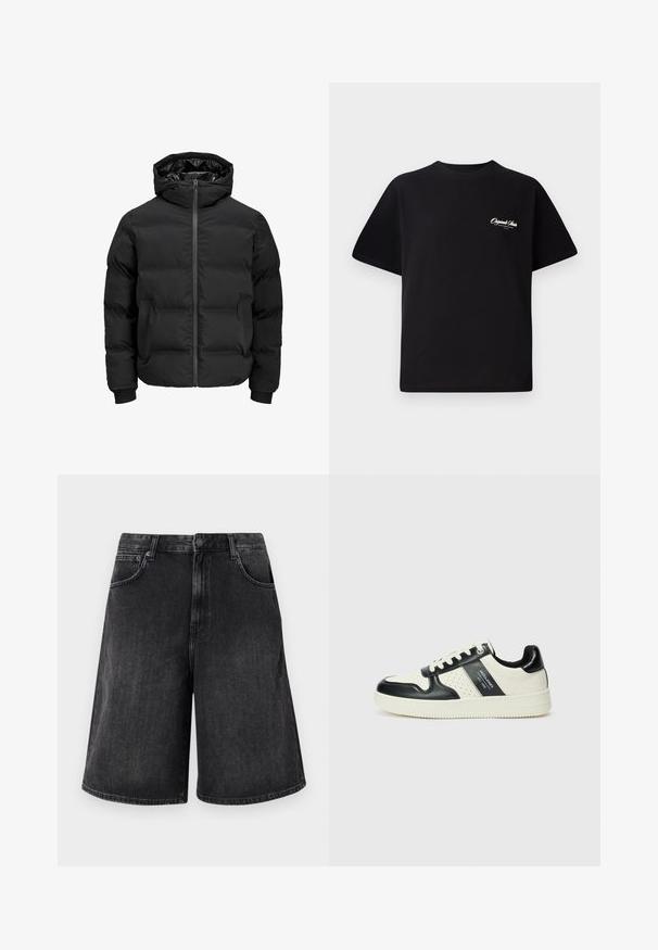 Chaqueta acolchada negra con capucha, que cuenta con un cierre delantero de cremallera, puños acanalados y una textura suave. Sin logotipos ni patrones visibles.; Camiseta de algodón negra con cuello redondo, mangas cortas y pequeño texto en blanco del logo en el lado izquierdo del pecho. Diseño simple, corte clásico.; Shorts de mezclilla negra con un corte recto y amplio, que cuentan con un cierre frontal con botón y cinco bolsillos. Textura suave con un acabado desgastado.; Zapatillas de cuero con un esquema de colores negro y crema, que cuentan con acentos perforados, un collar acolchado y una suela texturizada.