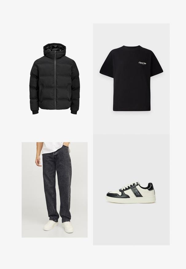 Chaqueta acolchada negra con capucha, que cuenta con un cierre delantero de cremallera, puños acanalados y una textura suave. Sin logotipos ni patrones visibles.; Camiseta de algodón negra con cuello redondo, mangas cortas y pequeño texto en blanco del logo en el lado izquierdo del pecho. Diseño simple, corte clásico.; Jack & Jones JJIEDDIE JJORIGINAL  - Vaqueros baggy - black denim; Zapatillas de cuero con un esquema de colores negro y crema, que cuentan con acentos perforados, un collar acolchado y una suela texturizada.