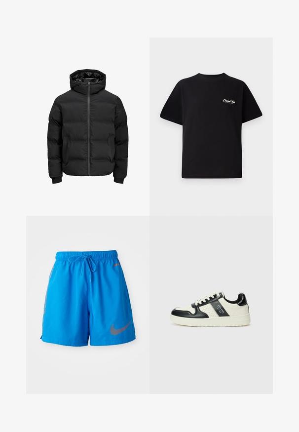 Črna podložena jakna s kapuco, z zadrgo na sprednji strani, rebrastimi manšetami in gladko teksturo. Brez vidnih logotipov ali vzorcev.; Črna bombažna majica s krožno ovratnikom, kratkimi rokavi in majhnim belim logotipom na levem prsnem delu. Preprost dizajn, klasičen kroj.; Modre kratke hlače iz lahkega materiala z elastiko in vrvico v pasu. Imajo tiskano oranžno Nike blagovno znak.; Usnjeni športni čevlji z črno in krem barvno shemo, ki vključujejo perforirane dodatke, podložen ovratnik in strukturirano podplat.