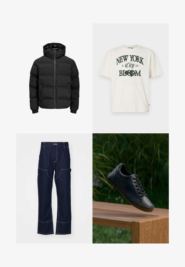 Črna podložena jakna s kapuco, z zadrgo na sprednji strani, rebrastimi manšetami in gladko teksturo. Brez vidnih logotipov ali vzorcev.; Kremno barvana bombažna majica s kratkimi rokavi, ki ima potiskan napis "NEW YORK mesto v CVETENJU" v temno zeleni barvi.; Temno modri jeans hlače s ravnim krojem, sprednjimi žepi, stranskimi cargo žepi in belimi šivi na šivih in robovih.; Črne usnjene superge z gladko teksturo, okroglo špicasto konico in ravnimi vezalkami, postavljene nad leseno površino z zeleno travo v ozadju.
