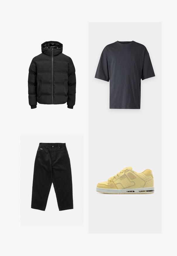 Geacă neagră căptușită cu glugă, având un fermoar frontal, manșete rib knit și o textură netedă. Fără logo-uri sau modele vizibile.; Tricou scurt din bumbac ușor, de culoare gri închis, cu un croi lejer și guler clasic la baza gâtului, având o textură simplă și fără modele.; Pantaloni negri din catifea cu un croi lejer, având talie înaltă, buzunare frontale și cusături vizibile. Textură notabilă cu rigle late.; Tenisii galbeni cu un upper din suede și materiale sintetice, accente perforate, talpă cu amortizare și unitate de aer transparentă vizibilă în călcâi.