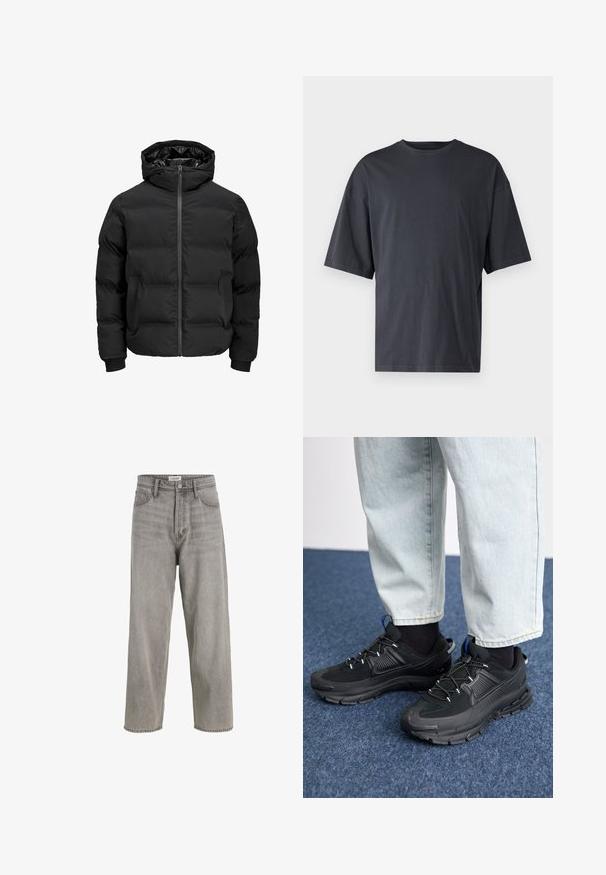Črna podložena jakna s kapuco, z zadrgo na sprednji strani, rebrastimi manšetami in gladko teksturo. Brez vidnih logotipov ali vzorcev.; Temno siva majica s kratkimi rokavi iz lahkotnega bombaža, z ohlapnim krojem in klasičnim okroglim izrezom, z enostavno teksturo in brez vzorcev.; Sive jeans s širokim pasom, širokima nogavicama, diskretnim izbljeđenjem i stilom s pet džepova. Ima metalno zatvaranje na dugme i petlje za remen.; Črne športne čevlje z teksturirano tkanino in gumijastimi podplati, ki imajo elastične vezalke ter modre poudarke na peti. Nosi se z lahkimi denim hlačami.