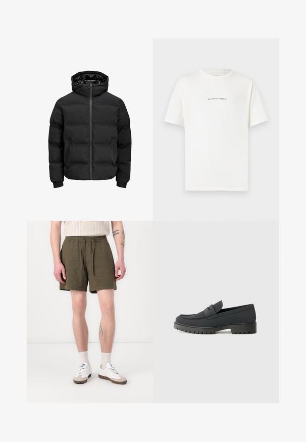 Sort polstret jakke med hætte, der har en frontlynlås, ribbede manchetter og en glat tekstur. Ingen synlige logoer eller mønstre.; Hvid bomulds t-shirt med korte ærmer og rund hals. Centreret tekst med teksten "VELKOMMEN TIL PARADIS" i en buet grøn skrifttype.; Olivengrønne shorts med elastisk talje og snore, der har sidelommer og lige snit, lavet af et letvægtsstof.; Sort loafersko med en glat, mat overflade, der har en rund tå og en tyk, struktureret sål. Pyntet med en frontrem.