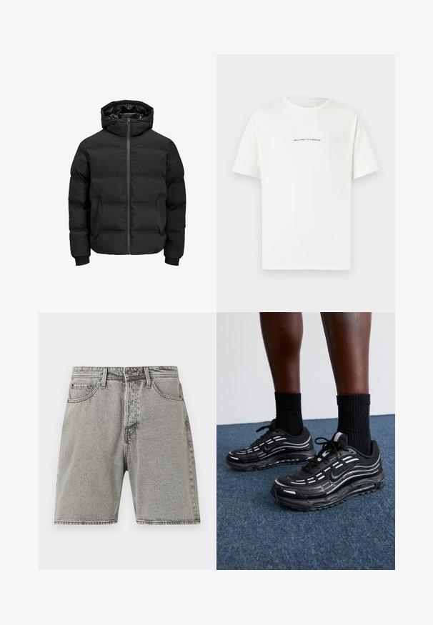 Musta polsterdatud jakk kapuutsiga, millel on ees lukk, soonikkoes varrukad ja sile tekstuur. Nähtavaid logosid või mustreid pole.; Valge puuvillane T-särk lühikeste varrukatega ja ümar kaelus. Keskel on tekst "TERE TULEMA PARADISSE" kaardus rohelises fondis.; Hallide nahkšortsid klassikalise lõikega, viie taskuga ja nähtava õmblusega. Ees on nööpidega kinnitamine ja kergelt kulunud tekstuur.; Mustad mustad Nike'i jalanõud on varustatud võrkstruktuuriga pealispinna, aktsenttriipude, tekstuuritud paelte ja musta kummist tallaga. Kannan mustade ribakudumiste sokkidega.