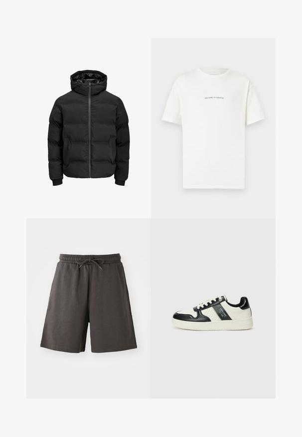 Black padded jacket with a hood, featuring a front zipper closure, ribbed cuffs, and a smooth texture. No visible logos or patterns.; White cotton t-shirt with short sleeves and a crew neck. Centered text reads "WELCOME TO PARADISE" in a curved green font.; Dark gray shorts made from soft fabric, featuring an elastic waistband, adjustable drawstring, and knee-length fit. Smooth texture, no patterns.; Leather sneakers with a black and cream color scheme, featuring perforated accents, a padded collar, and a textured outsole.