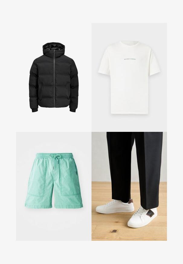 Juoda paminta striukė su gobtuvu, su priekiniais užtrauktukais, raštuotais rankogaliais ir lygia tekstūra. Nėra matomų logotipų ar raštų.; Balta medvilninė marškinėliai trumpomis rankovėmis ir apvaliu iškirpimu. Viduryje esantis tekstas sako "SVEIKI ATVYKĘ Į PARADISĄ" kreiptu žaliu šriftu.; Mėtų žalios spalvos šortai, pagaminti iš lengvos medžiagos, turintys elastinį juosmenį, raištelį ir dvi šonines kišenes su siuvinėtomis detalėmis.; Balti sportbačiai su glotnia danga, puošti rudais odiniais akcentais ir juodais detalėmis, derinami su juodais pritaikytais kelnėmis. Medinių grindų fonas.