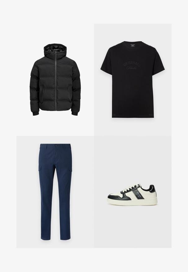 Black padded jacket with a hood, featuring a front zipper closure, ribbed cuffs, and a smooth texture. No visible logos or patterns.; Black cotton t-shirt with short sleeves and a round neckline. Features "ORIGINALS Studio" embossed in tonal lettering on the front.; Navy cargo pants made of cotton, featuring side pockets, a button closure, straight legs, and a smooth texture.; Leather sneakers with a black and cream color scheme, featuring perforated accents, a padded collar, and a textured outsole.