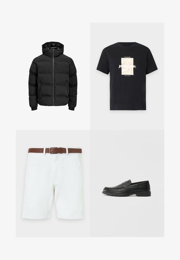 Giacca imbottita nera con cappuccio, dotata di chiusura frontale con zip, polsini a coste e una texture liscia. Senza loghi o fantasie visibili.; Maglietta in cotone nera con collo tondo. Presenta una grafica rettangolare beige e il testo bianco, "JAWO," centrato sulla parte frontale. Maniche corte.; Shorts bianchi in cotone con una cintura in pelle marrone e fibbia in argento. Chiusura con bottone e zip, tasche laterali e orli rifiniti.; Mocassini neri in pelle con una finitura liscia, parte superiore in stile mocassino, dettagli cuciti e suola in gomma. Design classico con tacco basso.