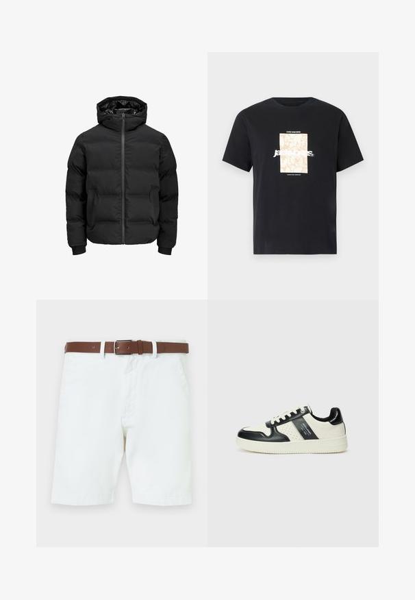 Czarna ocieplana kurtka z kapturem, z przodem zapinanym na zamek błyskawiczny, ściągaczami przy mankietach oraz gładką fakturą. Brak widocznych logotypów lub wzorów.; Czarny bawełniany t-shirt z okrągłym dekoltem. Posiada beżowy prostokątny grafik oraz biały tekst "JAWO," umieszczony na środku z przodu. Krótkie rękawy.; Białe bawełniane szorty z brązowym skórzanym paskiem i srebrną klamrą. Zapięcie na zatrzask i zamek, kieszenie boczne oraz wykończone mankiety.; Skórzane sneakersy w czarno-kremowym schemacie kolorystycznym, z perforowanymi akcentami, wyściełanym kołnierzem i teksturowaną podeszwą.