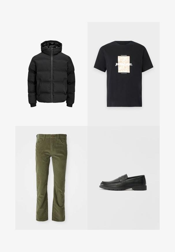 Black padded jacket with a hood, featuring a front zipper closure, ribbed cuffs, and a smooth texture. No visible logos or patterns.; Black cotton t-shirt with round neck. Features a beige rectangular graphic and white text, "JAWO," centered on the front. Short sleeves.; Olive green corduroy pants with front pockets, belt loops, button closure, and a slight flare at the leg openings.; Black leather loafers with a smooth finish, moccasin-style upper, stitched detailing, and a rubber sole. Classic design with a low heel.