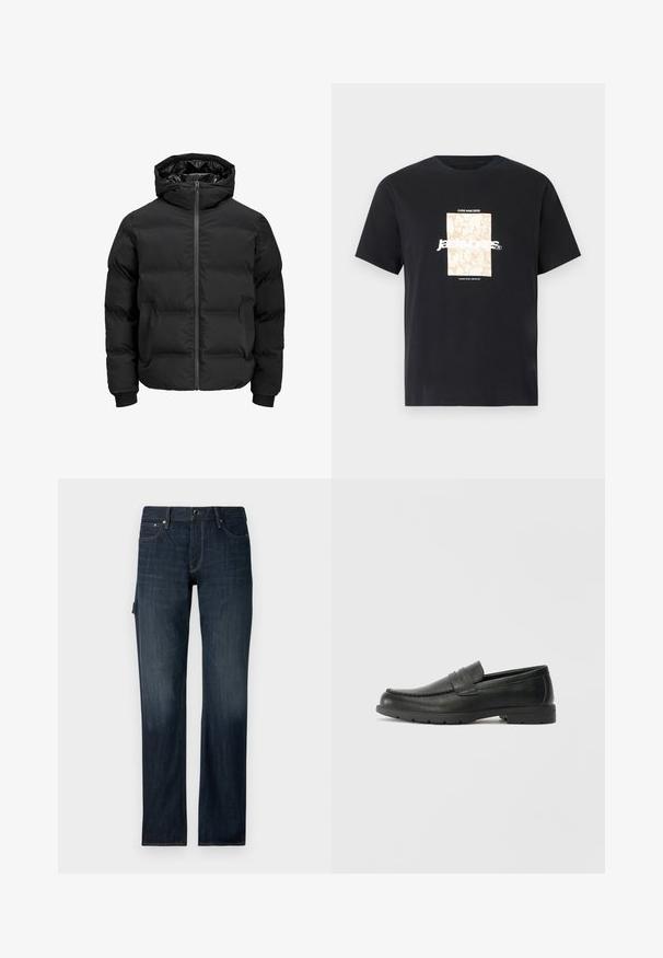 Črna podložena jakna s kapuco, z zadrgo na sprednji strani, rebrastimi manšetami in gladko teksturo. Brez vidnih logotipov ali vzorcev.; Črna bombažna majica s krožnim izrezom. Ima bež pravokoten grafični vzorec in belo besedilo "JAWO," sredi spredaj. Kratke rokave.; Temno modri kavbojke z naravnim krojem, ki imajo sprednji gumb in dve stranski žepi. Gladko teksturo z rahlim bledenjem.; Črne usnjene loafer čevlje z gladko površino, zgornjim delom v slogu mokasin, šivanimi detajli in gumijastim podplatom. Klasična zasnova z nizko peto.
