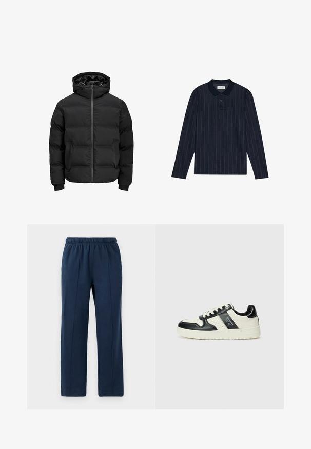 Zwarte gewatteerde jas met capuchon, voorzien van een ritssluiting aan de voorkant, geribde boorden en een gladde textuur. Geen zichtbare logo's of patronen.; Marineblauwe polo met lange mouwen en een kraag, voorzien van dunne verticale strepen en een knoopsluiting met drie knopen. Zachte stofstructuur.; Navyblauwe broek met elastische tailleband en een ontspannen pasvorm. Kenmerkt zich door verticale stikdetails en een zachte katoenen textuur.; Leren sneakers met een zwart en crèmekleurig kleurenschema, voorzien van geperforeerde accenten, een gevoerde kraag en een gestructureerde buitenzool.