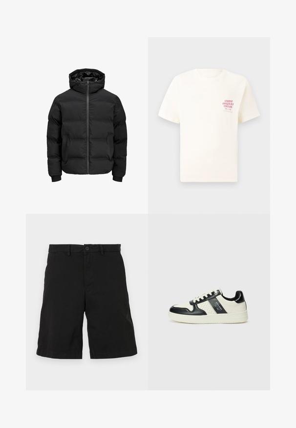Černá polstrovaná bunda s kapucí, má přední zip, manžety s žebrováním a hladký povrch. Bez viditelných log a vzorů.; Bílý krátký rukávový tričko s červeným textem "Studio Originals Edition" na levé hrudi, vystavené na neutrálním šedém pozadí.; Černé šortky z bavlny s plochým předním designem, vybavené zapínáním na knoflík a bočními kapsami, bez viditelných vzorů nebo akcentů.; Kožené tenisky s černobílou barevnou kombinací, které mají perforované detaily, polstrovaný límec a texturovanou podrážku.