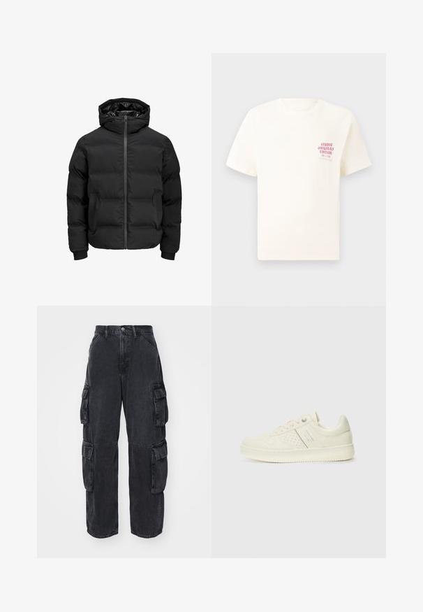 Čierna vypchatá bunda s kapucňou, s predným zipsom, patentnými manžetami a hladkým povrchom. Žiadne viditeľné logá ani vzory.; Biele tričko s krátkym rukávom s červeným textom "Studio Originals Edition" na ľavej hrudi, zobrazené na neutrálnom šedom pozadí.; GAP DOUBLE PANT - Džínsy voľného strihu - washed black; Krémová teniska s perforovanými detailmi, šnúrkami a logom na boku, vystavená na jednoduchej bielej pozadí.