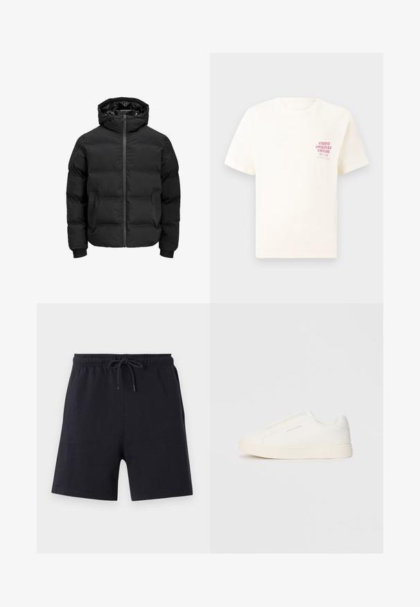 Schwarze gepolsterte Jacke mit Kapuze, ausgestattet mit einem Reißverschluss auf der Vorderseite, gerippten Ärmelbündchen und einer glatten Textur. Keine sichtbaren Logos oder Muster.; Weißes T-Shirt mit kurzen Ärmeln und rotem Text "Studio Originals Edition" auf der linken Brust, präsentiert vor einem neutralen grauen Hintergrund.; Schwarze Baumwollshorts mit elastischem Bund und Kordelzug, in einem schlichten Design und mit glatter Textur.; Weiße Slip-On-Sneaker mit einer strukturierten Oberfläche, dicker Sohle und minimalistischem Design. Mit Logo der Marke an der Seite.