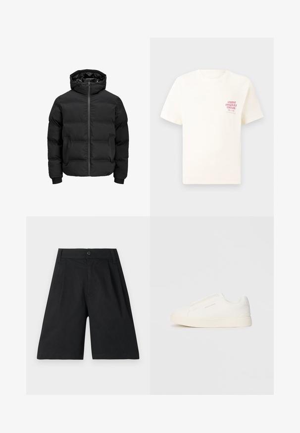 Melna siltināta jaka ar kapuci, ar priekšējo rāvējslēdzēju, ribotu aproču un gludu tekstūru. Nav redzamu logo vai rakstu.; Balts īsām piedurknēm T-krekls ar sarkanu tekstu "Studio Originals Edition" uz kreisā krūšu, pakārtots neitrālā pelēkā fonā.; Melnas kokvilnas šortus ar taisnu piegriezumu, krokām, pogu aizdari un gludu tekstūru. Nav redzamu rakstu vai akcentu.; Baltas slip-on sporta apavi ar teksturētu virsmu, biezu zoli un minimālistisku dizainu. Sānos redzams zīmola logotips.