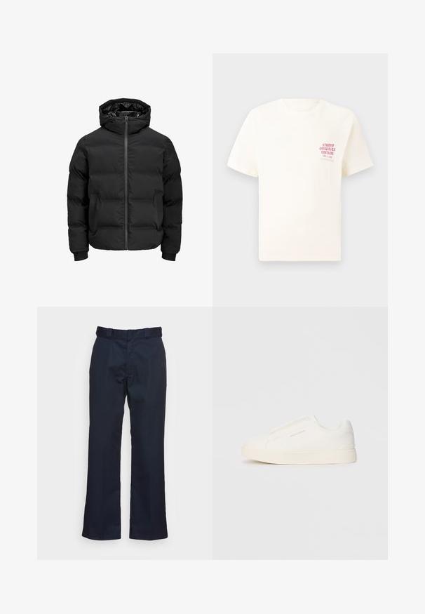 Svart vadderad jacka med huva, med dragkedja fram, ribbade muddar och en slät yta. Inga synliga logotyper eller mönster.; Vit kortärmad T-shirt med röd text "Studio Originals Edition" på vänster bröst, är uppställd på en neutral grå bakgrund.; Mörkblå byxor med rak bendesign, tillverkade av ett mjukt tyg, med en standard midjeband och utan synliga mönster eller detaljer.; Vita slip-on sneakers med en texturerad yta, en tjock sula och minimalistisk design. Har varumärkeslogotypen på sidan.