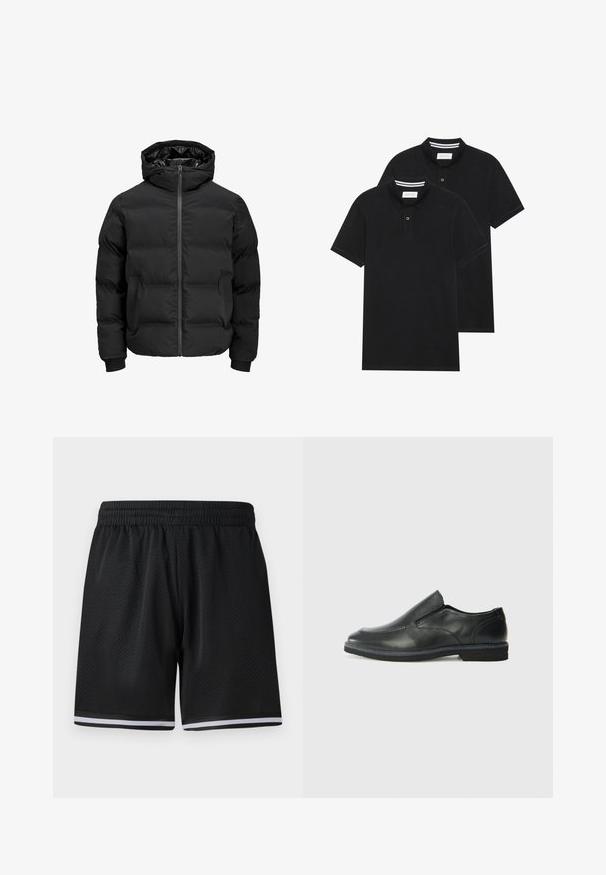 Fekete steppelt dzseki kapucnival, elülső cipzárral, bordázott ujjaival és sima textúrájával. Nincsenek látható logók vagy minták.; Két fekete pólóing, rövid ujjú, pamut anyagból készült, klasszikus gallérral, két gombos gombolással, és fehér csíkos díszítéssel a gallér belső részén.; Fekete hálós sportnadrág rugalmas derékpánttal, fehér csíkokkal a hem mentén a részletgazdagság érdekében. Könnyű és légáteresztő anyag.; Fekete bőr, slip-on cipő sima felsőrésszel, varrott díszítéssel, lekerekített orral és alacsony gumitalppal. A talpa minimális bordázattal rendelkezik.