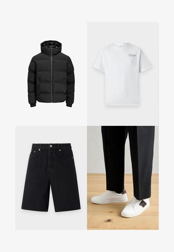 Melna siltināta jaka ar kapuci, ar priekšējo rāvējslēdzēju, ribotu aproču un gludu tekstūru. Nav redzamu logo vai rakstu.; Balts kokvilnas T-krekls ar īsām piedurknēm, apaļu dekoltē, ar mazu melnu teksta logotipu "J&J kopš 1990. gada Sabiedrības klubs" uz krūtīm.; Melni džinsi šorti ar taisnu griezumu. Iespējas ietver rāvējslēdzēja jostas, piecus kabatas, sudraba detaļas un smalku teksturētu apdari.; Baltā pārsoļa apavi ar gludu tekstūru, papildināti ar brūniem ādas akcentiem un melniem elementiem, savienoti ar melnām pielāgotām biksēm. Koka grīdas fons.